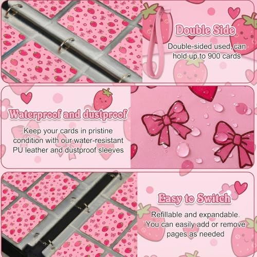 Card Binder 9 Pocket, Pink Cute, 900 Cards, PU Leather - color: Pink Cute