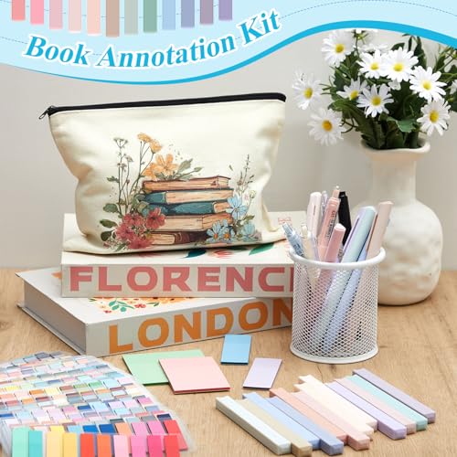 Gilprop Book Annotation Kit 8000 Pcs Transparent Sticky Tabs 12 Aesthetic Highlighters 6 Colored Pens 5 Black Gel Pens 1 Line Pen 4 Sticky Notes with Canvas Bag for Bible Gift Supplies(Classic)