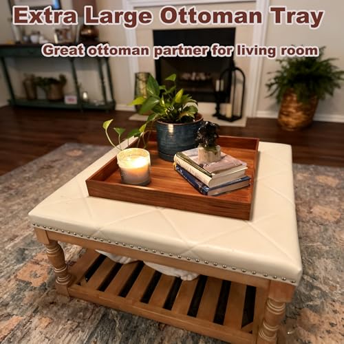Serving Tray with Handles, 20 Inch Large Square Ottoman Tray Acacia Wood Decorative Tray for Living Room, Ottoman Coffee Table, Kitchen, Appetizers, Breakfast, Patio, Party - color: Square Tray -20 Inch
