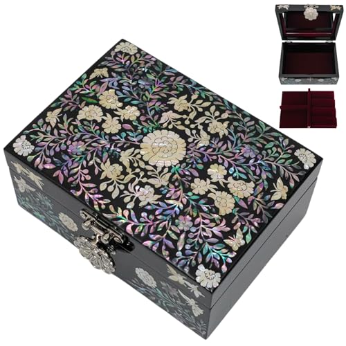 February Mountain Mother of Pearl Jewellery Box with Ring Tray - Gifts for Women Birthday Wedding Mother's Day Christmas Graduation Gifts (Floral) - style: Floral