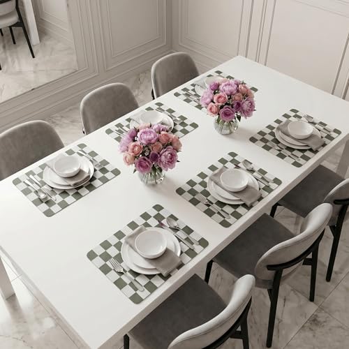 Set of 6 Checkerboard Non-Slip Washable Placemats for Dining Table - color: Olive Green