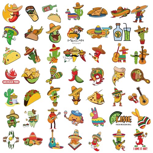 100Pcs Mexican Fiesta Stickers, Cinco de Mayo Sticker, Mexican Food Stickers Vinyl Waterproof Sticker for Adults Water Bottle Laptop Decor Cinco de Mayo Party Favors Birthday Gifts - color: Mexican
