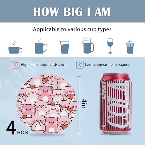 Drink Coasters Set of 4,Cute Pig with Heart Coasters for Drinks Ceramic Coasters with Cork Bottom for Kinds of Mugs and Cups,Home Decor,4'' - color: Cute Pig With Heart