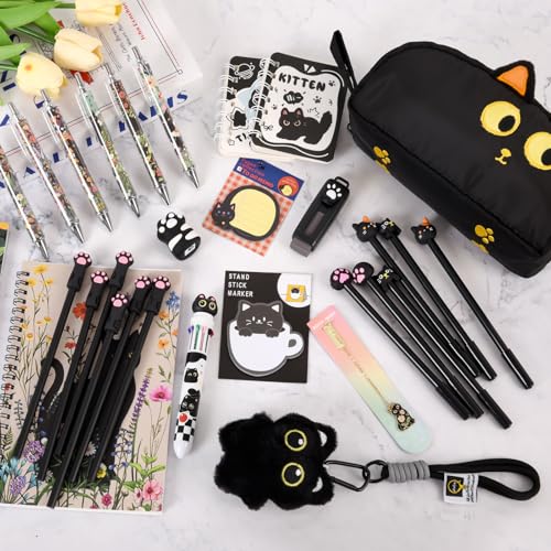 Ulema Cute Black Cat Gifts for Women,30Pcs Stationery Set Birthday Gifts for Boys Girls Back to School and Kawaii Classroom Office Supplies with Black Cat BallPoint Pen, Pencils, Sticky Notes etc. - style: black cat