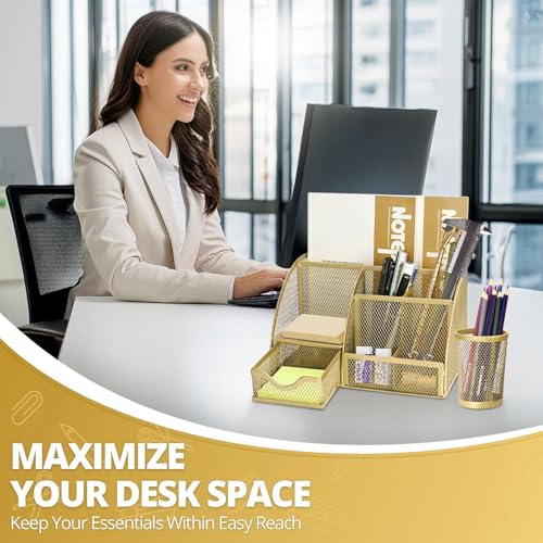 Flexzion Metal Mesh Desk Organizer with Drawer, 6 Compartments, Rose Gold - color: Metallic Rose Gold