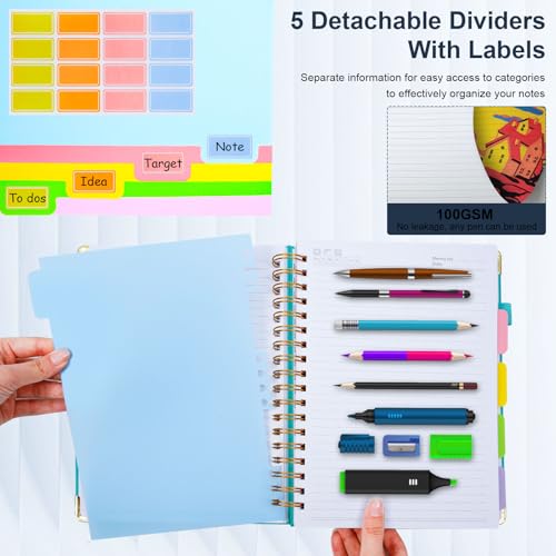 Hardcover Spiral Notebook 6.2"x 8.2" Journal Notebook with Tabs and Removable Dividers 300 Pages 5 Subject Notebook College Ruled, Faux Leather Spiral Bound Notebook for Women School Work(Dark Blue) - color: Dark Blue, size: 6.2"x8.2"(A5)