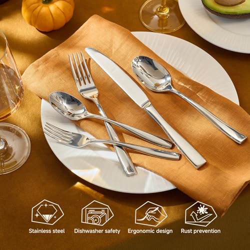 KINGSTONE Flatware Set for 12, 60-Piece Stainless Steel Utensil Set with Forks, Knives, Spoons, Dishwasher Safe Silverware Set for Home, Wedding, Kitchen and Daily Life Rust-proof - color: Silver, size: 60 Pieces