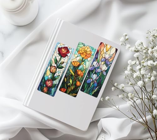 TwoDays 10Pcs Stained Glass Art Flower Bookmark for Reading Women, Cute Floral Bookish Gifts for Book Lovers Booktok, Fancy Book Accessories (6'' X 2'')