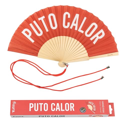 Fisura – Original folding fan with message “P*to calor”. Red handheld folfing fan for women. Rave wood folding hand fan. Fans for wedding, party, birthday, gift, decorations. - color: P*to Calor, Red