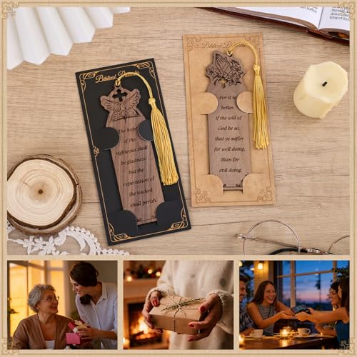 2 Pieces Biblical Quote Wooden Bookmarks with Tassel, Vintage Bookmarks for Reading, Personalized Wooden Bookmark, Unique Pattern Bookmark Engraved, Birthday Gift for Men Women - color: 2pcs Quote Bookmark