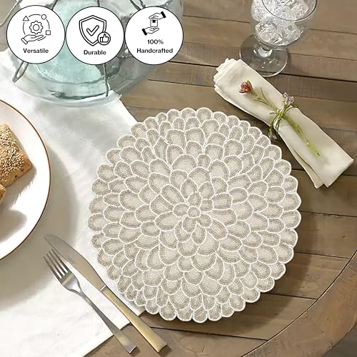 Handmade Beaded Placemats - 13 Inch Round Dining Table Mats - Elegant Glass Beads with Cotton Backing - Decorative Tableware for Weddings, Holidays, and Home Décor (Ivory White) - ALPHA Living HOME - color: Ivory White, size: Set of 1