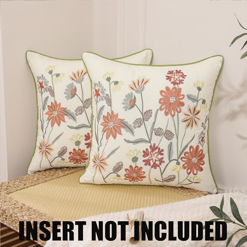 Embroidered Throw Pillow Covers 18x18 Pack of 2 Orange Floral - color: Orange Flowers