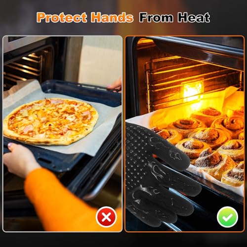 M METERXITY 1-Pair BBQ Gloves, 1472°F Heat Resistant Non-Slip Grilling Oven Gloves for Barbecue/Baking/Cooking, with Storage Bag [Flame Pattern L, Black] - color: Black