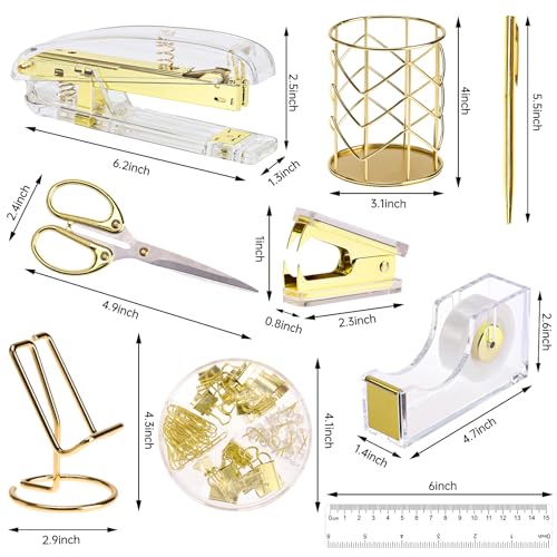 EOOUT Gold Office Supplies Set Desk Accessories, Acrylic Stapler Set Staple Remover, Phone Holder, Tape Holder, Pen Holder, 2 Ballpoint Pen, Scissor, Binder Clips, Ruler, Transparent Glue and Staples. - color: Gold
