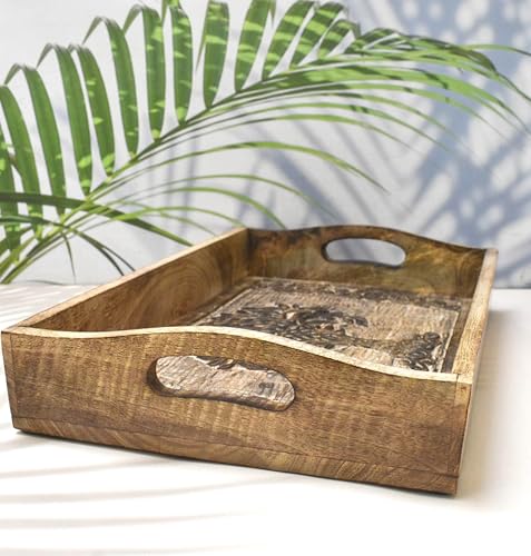 Wooden Serving Tray with Handles – 15 x 10 Inch Handcrafted Rectangular Tray for Snacks, Coffee, Tea, Dinner & Breakfast – Rustic Platter for Kitchen & Dining - color: Tree of Life - 15 X 10 Inch