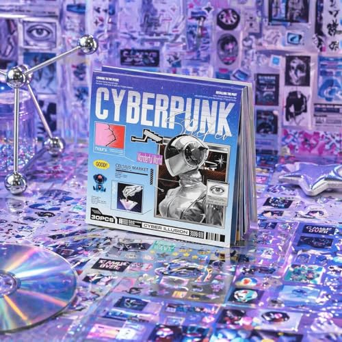 Sticker Book for Journaling and Scrapbooking, 800+ Cyberpunk Y2K Aesthetic Stickers, 30 Sheets Futuristic Scrapbook Stickers for Junk Journal, Planner Decor, Collage, Laptop and DIY Crafts - color: Blue Retro