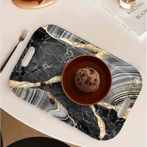 Serving Trays with Handles, 14.5 x 9.8 inch Rectangular Plastic Tray for Restaurant, Kitchen, Abstract Background Black Marble - color: Abstract Background Black Marble