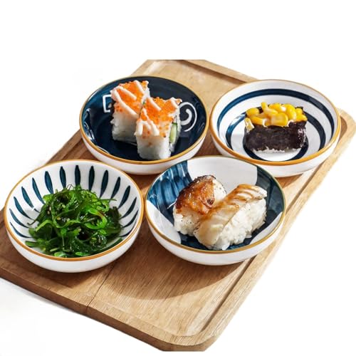4 Pack 3 oz Small Soy Sauce Dish Ceramic Dipping Sauce Bowls - color: Japanese Blue