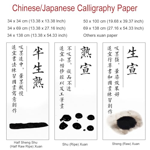 KYMY Chinese/Japanese Calligraphy Paper 100PCS, Sumi/Rice Paper for Writing Painting Drawing Practice, Chinese Brush Ink Xuan Paper, Half Sheng Shu (Half Raw Ripe) (34 x 69 cm (13.38 x 27.16 Inch)) - size: Half Sheng Shu(Raw Ripe)-34x69cm(13.4 x 27.2in)