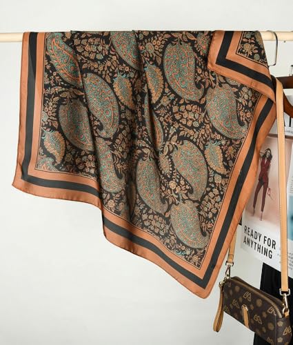corciova Women’s Square Scarf 27.5 in (70 x 70 cm), Satin-Feel Polyester, Lightweight Fashion Scarf for Hair, Neck and Bag - color: Paisley Floral (Brown / Teal / Black)