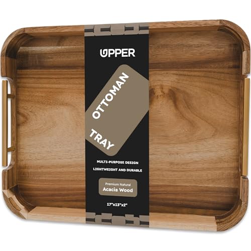 Acacia Wood Ottoman Tray with Handles, 17x13 Inch Rectangle Serving Tray for Coffee Table, Living Room & Breakfast, Decorative Wooden Ottoman Tray with Anti-Skid Pads (Gold Handle 01) - color: Golden Handle 1
