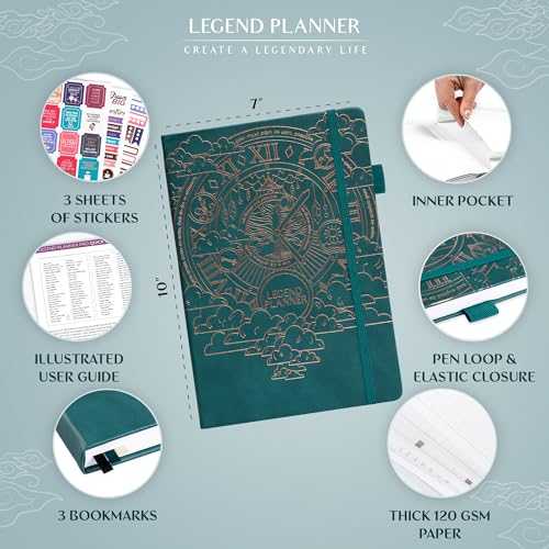 Legend Planner PRO Weekly & Monthly, Large Undated, 7”x10”, Dark Teal - color: Dark Teal + Gold Foil
