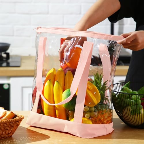 Reginary 8 Pcs Clear Tote Bags Shoulder Handbag Security Approved See Through Bag with Zipper Closure for Sport Event Travel - color: Pink