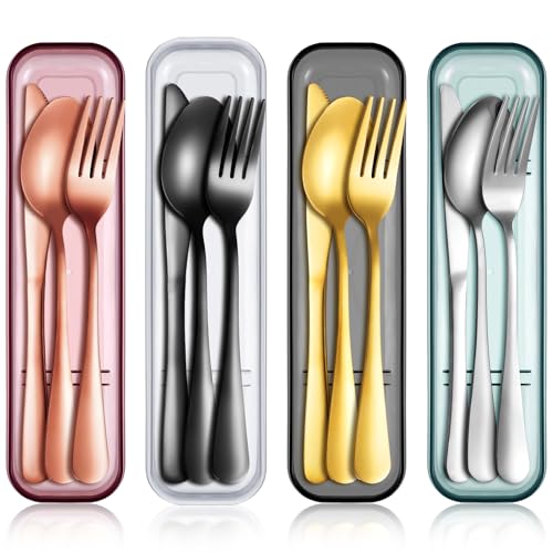 Yinkin 4 Pack Travel Silverware Set with Case for Lunch,Gold - color: Gold