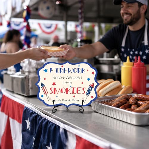 Independence Day Wooden Hot Dog Sign with Metal Stand, Patriotic 5 x 7 Inch Buffet Table Decor for BBQ Party, Restaurant, Food Truck, Table top Food Display - A07 - color: DLR A07