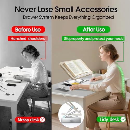 Book Stand with Storage Drawer, Heavy-Duty Adjustable Wooden Reading Stand - color: White Ash Effect, size: 9.8" x 13.8"