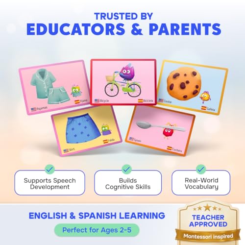 Kidrox 100 First Words Flash Cards for Toddlers, English with Spanish Learning Cards, Preschool Vocabulary & Speech Development Toy with Peek-a-Boo Sleeve for Memory Enhancement & Pattern Recognition - color: First 100 Words
