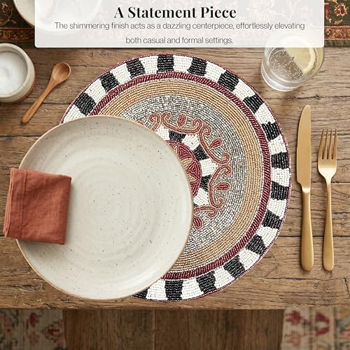 Beaded Placematss for Dining Table, 13 Inches Beaded Placemats for Farmhouse Decor and Kitchen Table Décor, Round Table Mats Set of 1 for Dining Tables, Non-Slip Place mats - ALPHA Living HOME - color: Red Black, size: Set of 1