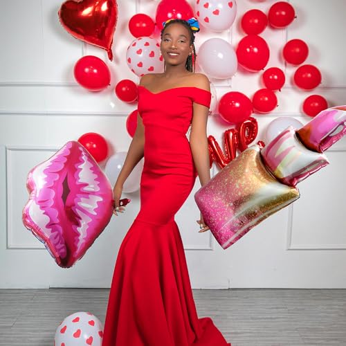6 Pack Red Lipstick Balloon Lip Stick Kiss Bow Balloon SPA Makeup Supplies - style: Lipstick