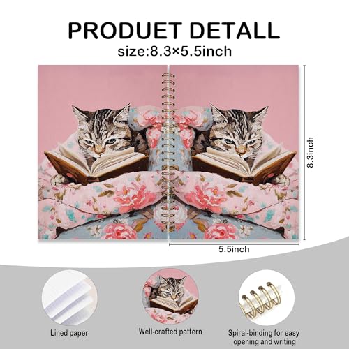 Spiral Notebook 8.3x5.5 Inches, Cozy Reading Cat Journal, Pink Floral Cat Notebook, Cute Striped Kitten Diary, Lined Spiral Writing Notebook - color: Bookish Cat
