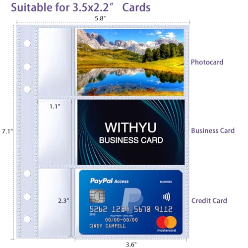 A5 Binder 6 Ring Business Card Sleeves with Memo Slot, 40 Pack 240 Pockets Ultra-Clear K-pop Photocard Sleeves, Double Sided 3 Pocket Page Protector for Business Card, Credit Card and K-pop Photocard - color: A5 3 Pocket Sleeves