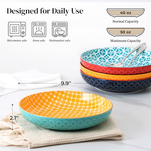 DOWAN 10" Vibrant Pasta, Salad & Soup Serving Bowls Set of 4, Embossed Large Porcelain Ceramic, Microwave & Dishwasher Safe, Bonita Design Dinnerware Dishes for Daily Dining, Family Gatherings, Party - size: 10 IN