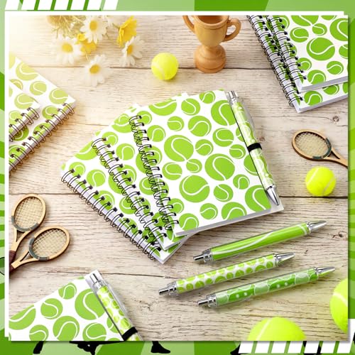 Resurhang 12 Sets Tennis Notebook Back to School Gifts 5.5 x 4.3'' Green Tennis Spiral Notebook Ballpoint Pens for Coaching Supplies Coach Gifts Team Party Players Sports Lover - style: Tennis Style