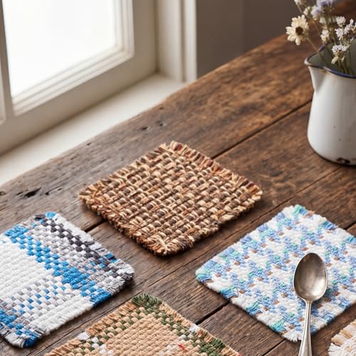 Set of 10 Fabric Drink Coasters, Handcrafted Cotton Woven Coasters for Table, Coastal Farmhouse Table Decor for Coffee Tea Cocktails, Absorbent Soft Desk Coasters for Kitchen Office, Housewarming Gift - color: Linen Brown