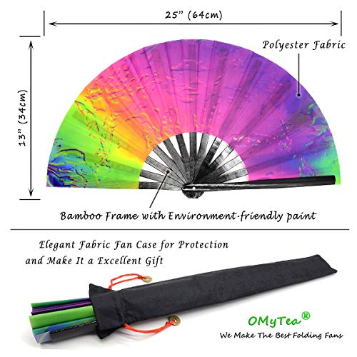 OMyTea Bamboo Large Rave Folding Hand Fan for Men/Women - Chinese Japanese Handheld Fan with Fabric Case - for Electronic Dance Music Festival Party, Performance, Decorations, Gift (Iridescence) - color: Iridescence
