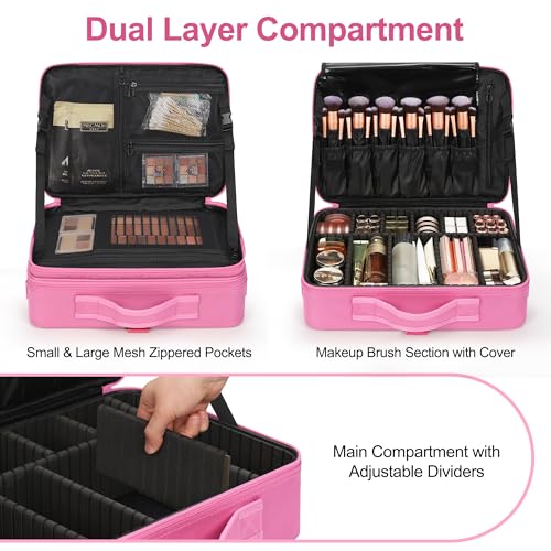 Relavel Makeup Case Large Makeup Bag Professional Train Case Travel Cosmetic Organizer Brush Holder Waterproof Makeup Artist Storage Box, 3 Layer Large Capacity, with Adjustable Strap, Rose Pink - color: Rose Pink, size: Large