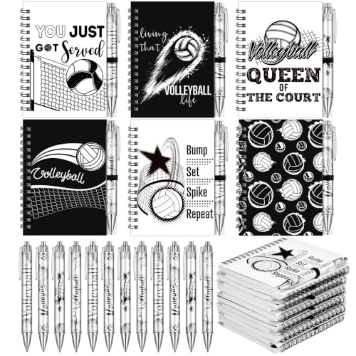 Resurhang 12 Sets Volleyball Notebook Gifts 5.5 x 4.3'' Black and White Volleyball Spiral Notebook Ballpoint Pens for Coaching Supplies Coach Gifts Team Party Players Sports Lover - style: Black White Volleyballs