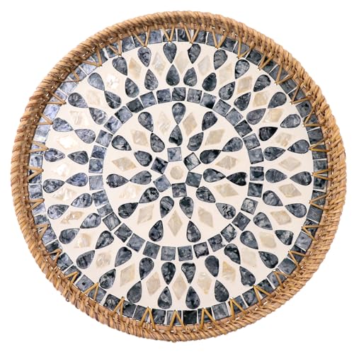13.8" Round Mother of Pearl Inlay Rattan Black Drop Design Serving Tray - color: Black Drop