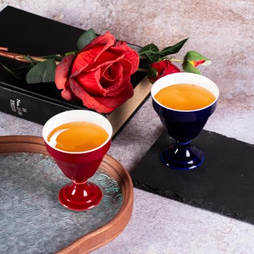 KAMMAK Tea Cup, 3oz Small Tea Cups Set of 2, Ceramic Tea Cups for Home, Tea Party, Office, Fashion Porcelain Tea Set with Short Stem, Chinese Kungfu Tea Set for Hot/Cold Drink (Red and Blue) - style: 680N+681N Red and Blue