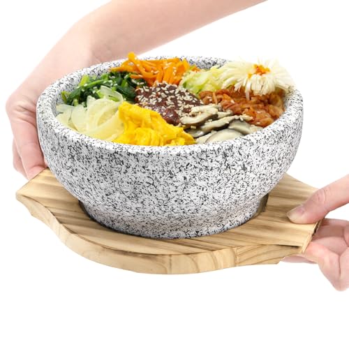 Dolsot Bibimbap Bowl, 27 Oz Korean Stone Bowls Cooking Pot with Wood Tray, Granite Stone Bowl Sizzling Hot Pot for Korean Restaurants, Soup, Rice, Stew (Pack of 3) - size: Medium (Pack of 3)