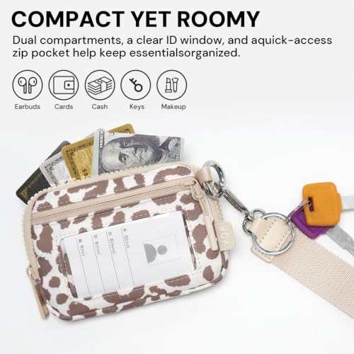 Wristlet Wallet for Women with Clear ID Window, Zip Coin Purse and Keychain - color: Beige Leopard