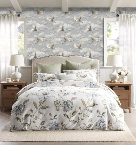 Vintage Crane Cloud Peel and Stick Wallpaper, Chinoiserie Gray Wallpaper - size: 17.7" x 236"