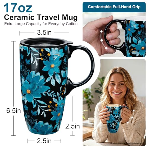 Topadorn 17oz Ceramic Travel Mug, Blue Floral Coffee Mug with Lid & Handle - color: Blue Flower