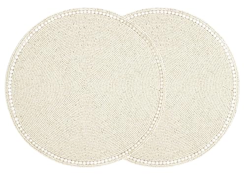 Round Beaded Placemats - Handmade Beaded Table Mat Non-Slip Polyester Backing for Dining Table Decor, Kitchen, Parties, Family Meals Pack of 2 (Ivory) - ALPHA Living HOME - color: Ivory, size: Set of 2