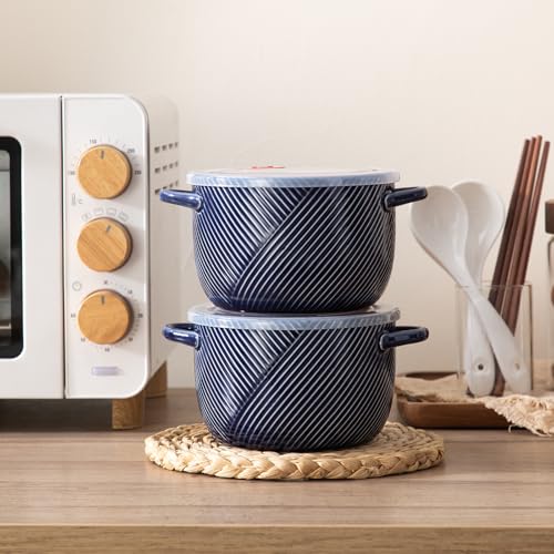 Ceramic Soup Bowl with Lid & Handle, Microwave Safe 32 oz, Navy - color: Navy, size: 2 pcs