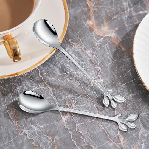 AnSaw Elegant Silver Leaf Coffee Spoons - 10-Piece, 4.7" Mini Spoon - color: Silver